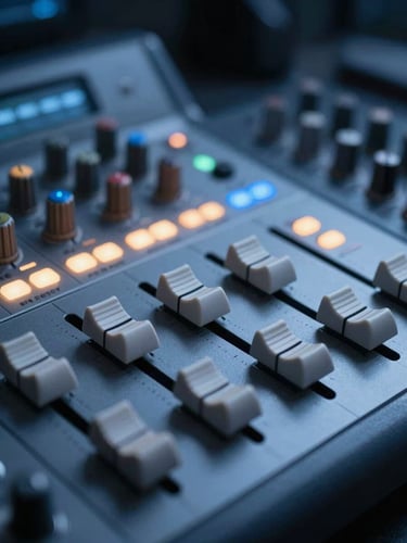 Macro close-up of a high-end solid state broadcast console, glowing blue and amber LED faders, pristine studio environment, cool low-key lighting, sharp focus, 35mm