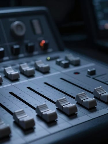 Minimalist studio photography of a high-end broadcast console, sharp macro focus on faders and patch bays, cool low-key studio lighting with deep studio blue and charcoal shadows, 35mm.