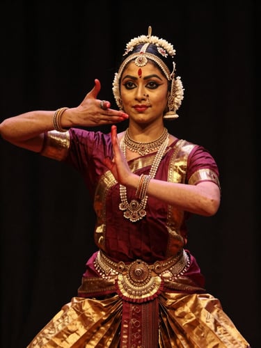 A dancer in a precise Bharatanatyam Araimandi posture, sharp focus on hand mudras, dramatic stage lighting highlighting muscle definition, 85mm.