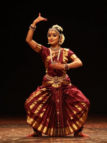 Dramatic stage photography, high-contrast warm spotlighting on a Bharatanatyam dancer in a sharp Araimandi posture, deep maroon and gold tones, 85mm