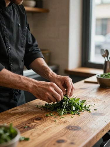 Portrait-framed shot of a restaurant counter mid-afternoon, a cook's hands trimming herbs directly on the wooden surface, natural light from a window to the right, the counter worn and honest