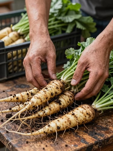 Close-up portrait framing of hands arranging freshly harvested root vegetables on a worn wooden market table, early morning outdoor light, soil still visible on the roots, a crate of greens blurred in the background