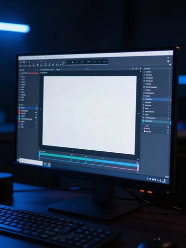 A close-up of a high-contrast 16:9 thumbnail mockup displayed on a professional editing monitor, electric blue neon ambient glow, dark studio background, 35mm photography