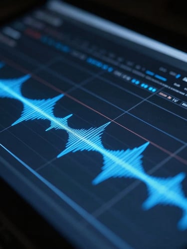Macro close-up of a digital editing timeline with glowing blue audio waveforms, dark cinematic studio lighting, high-contrast details