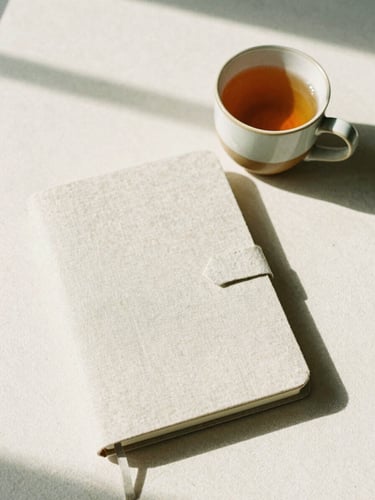 Overhead flat lay of a minimalist linen journal, a ceramic mug of warm tea beside it, soft morning daylight casting long gentle shadows on a cream textured surface, 35mm film.