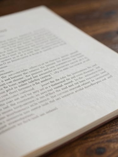 Extreme close-up of heavy cotton paper documents with formal typography, resting on a dark walnut table, soft side lighting.