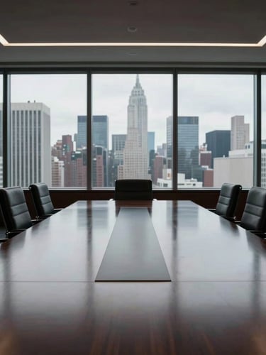 Symmetrical wide shot of an empty, high-end executive boardroom, a long dark oak table reflecting low-contrast architectural lighting, large floor-to-ceiling windows looking out to overcast Manhattan skyline, quiet and authoritative atmosphere.