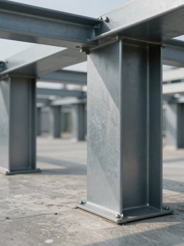Macro close-up of structural steel and polished concrete inside a modern secure facility, sharp geometric shadows, overcast lighting