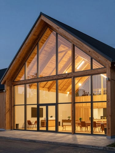 Vertical architectural shot of a modern timber-frame community hall, warm interior light glowing through large glass windows at dusk.
