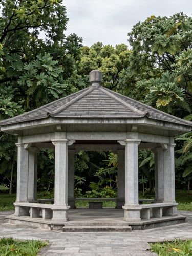 Symmetrical wide-angle shot of a modern stone pavilion integrated into a preserved forest landscape, overcast daylight.