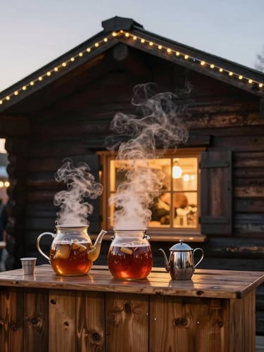 Warm editorial portrait of a festive wooden market chalet at dusk, steam rising from hot cider, soft gold lighting, deep charcoal background, 35mm focus