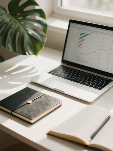 A minimalist, sunlit desk with a modern laptop displaying clean financial charts, a luxury notebook, and a soft shadow of a tropical monstera leaf, warm 35mm photography