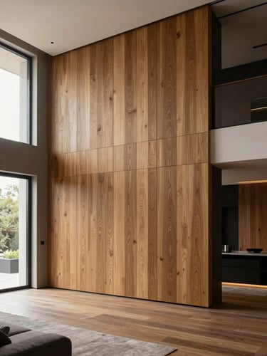 Wide-angle architectural shot of a luxury Emirates Hills villa interior, featuring massive floor-to-ceiling grain-matched oak wall paneling, minimalist furniture, dramatic side-lighting, 35mm