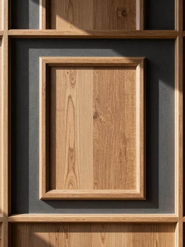 Straight-on close-up of custom oak wall paneling with recessed shadow gaps, crisp lines, natural side-lighting casting sharp shadows