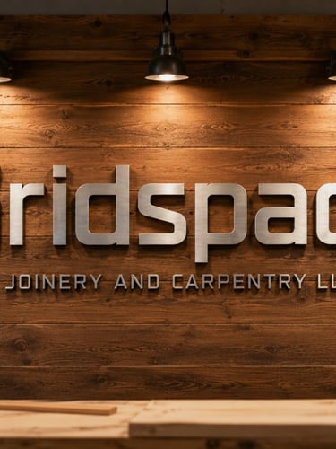 Custom metal Gridspace Joinery and Carpentry LLC signage mounted on a rustic wood wall in a woodworking workshop.