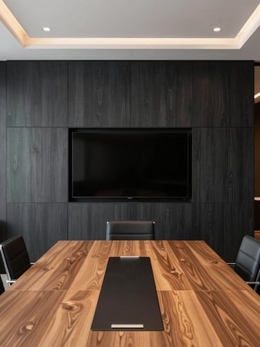 Straight-on elevation of a luxury commercial boardroom in DIFC Dubai, featuring dark charcoal timber wall panels, integrated media screen, custom conference table, sharp geometric lines, 35mm