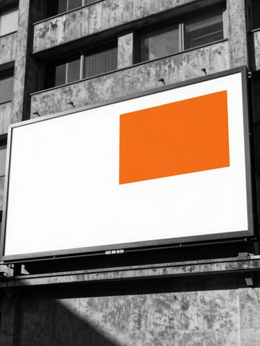 Wide cinematic shot of a high-contrast billboard mock-up on a concrete brutalist building under harsh direct sunlight, deep shadows, rich monochrome with a single orange accent.