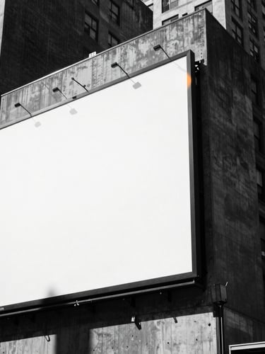 Extreme close-up of a massive physical billboard on a stark concrete building in downtown New York, harsh midday sun, deep shadows, high-contrast black and white.