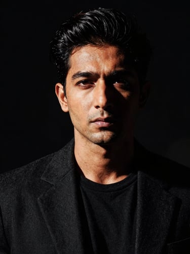 High-contrast editorial portrait of Sunchit Puri in a stark studio setting, harsh direct sunlight, deep shadows, 35mm film.