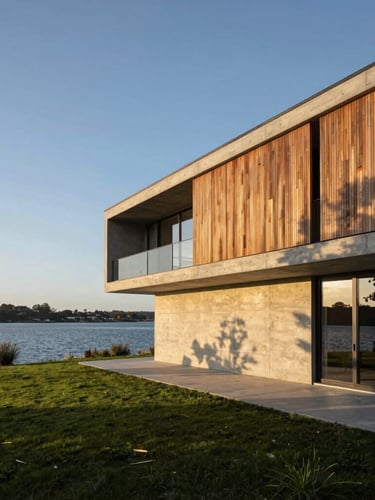 Wide-angle architectural exterior of a modern concrete and cypress wood estate at golden hour, sharp shadows, lakefront setting, negative space on the left.