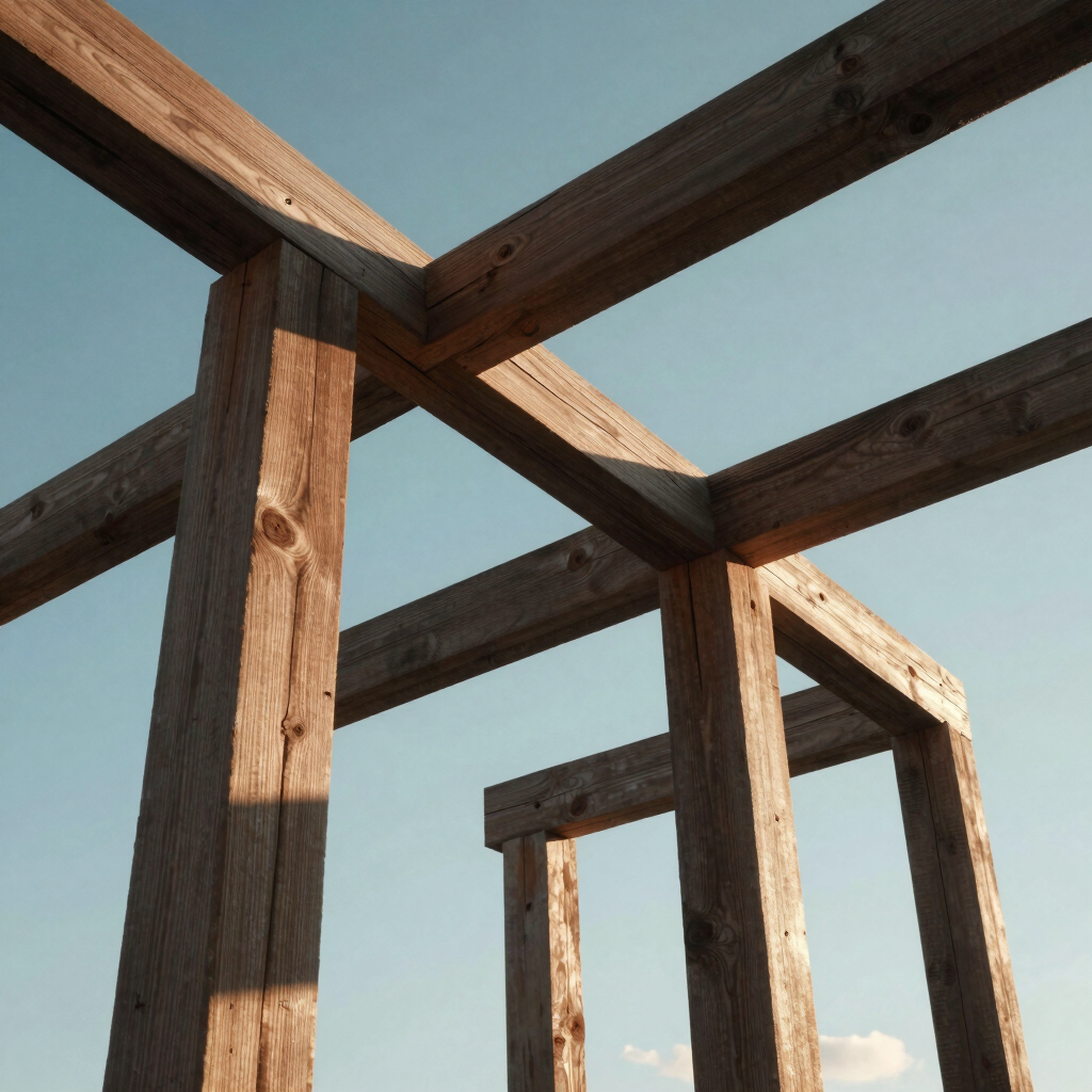 Low-angle architectural photograph of raw, heavy-timber cypress framing against a crisp Florida sky, casting sharp geometric shadows.