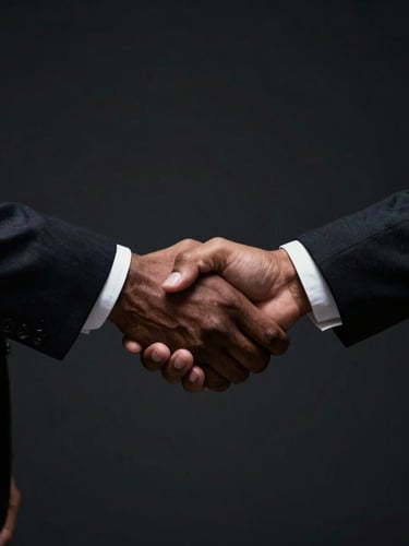 Sober corporate photography of a close-up handshake between two business professionals, one Black and one tanned North African, no faces visible, low-key dramatic lighting against a dark background, 35mm