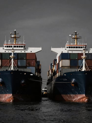Sober corporate photography, low-key dramatic lighting, deep shadows, dark desaturated tones, 35mm wide-angle industrial framing of two cargo ships docked side-by-side in a port, representing logistics and international trade.