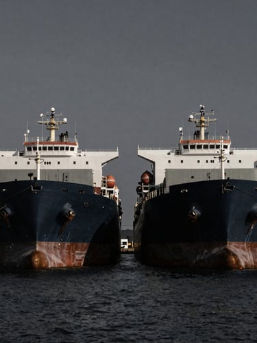 Two massive industrial cargo ships docked side-by-side in a deep-water commercial port, low-key dramatic natural harbor light, dark desaturated tones, 35mm