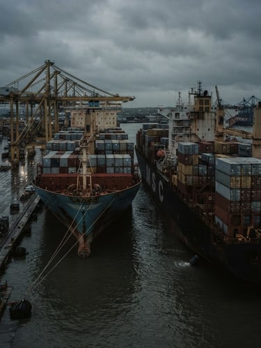 Sober corporate photography of two massive cargo ships docked side-by-side in a deep-water port, low-key dramatic natural harbor lighting, dark desaturated tones, 35mm
