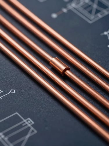 A close-up, high-contrast architectural technical drawing showing detailed electrical conduits and cable trays. Sharp copper-gold lines overlaying a deep slate blueprint background, clean engineering aesthetic.