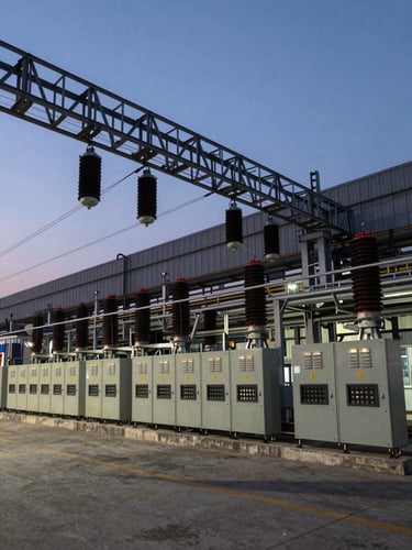 Wide panoramic shot of a heavy industrial factory interior at dusk, high-contrast lighting emphasizing the massive overhead cable trays and power distribution panels.