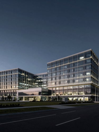 Wide panoramic architectural elevation of a modern hospital complex at dusk, high-contrast dramatic lighting highlighting the structural grid, expansive negative space in the dark sky.