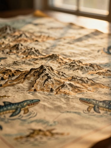 Close-up macro shot of a hand-painted map on heavy parchment paper, showing illustrated mountains and sea monsters, warm golden-hour lighting