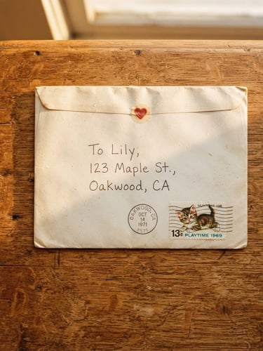 Overhead flatlay of a vintage paper envelope addressed to a child with a real postage stamp, sitting on a warm wooden table with soft golden-hour light streaming in
