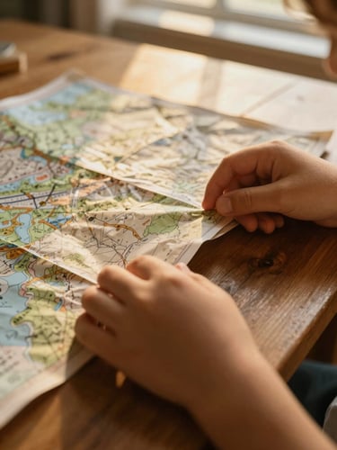Close-up of a child's hands carefully unfolding a thick, textured paper map on a wooden table, warm golden-hour light casting long soft shadows