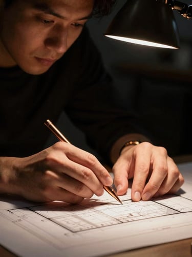 Close-up portrait of a technical designer adjusting a spatial scale model, warm spotlighting, architectural drawing visible, high contrast, moody tone
