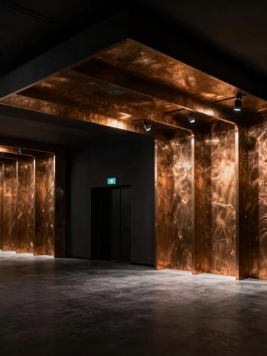 Immersive corporate event space with dramatic architectural lighting, warm bronze accents, high contrast, 35mm lens