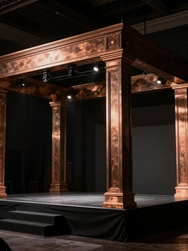 Dramatic architectural event lighting, high-contrast shadows, premium structural stage build with warm bronze accents, 35mm lens photography