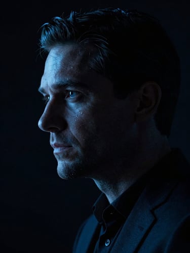 Low-key close-up of a focused strategist in deep shadow, sharp directional cool blue light highlighting profile, high-contrast cinematic portrait, 35mm lens