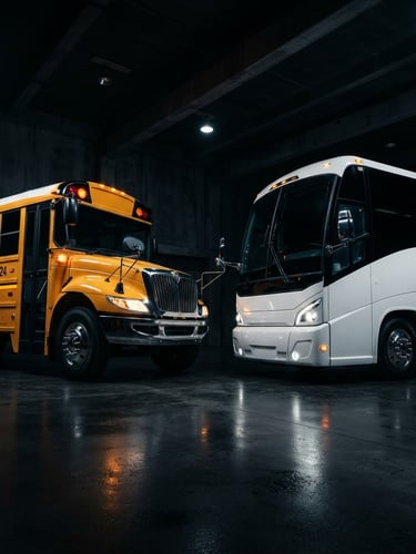 Dramatic low-angle exterior shot of a modern yellow school bus and white staff coach parked in a high-contrast automotive studio, sharp chrome accents, glowing LED indicators.