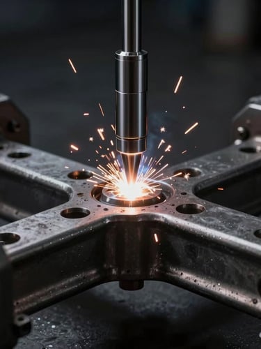 Macro close-up of precision welding sparks on a heavy-duty steel bus chassis, high-contrast industrial lighting, deep charcoal background.