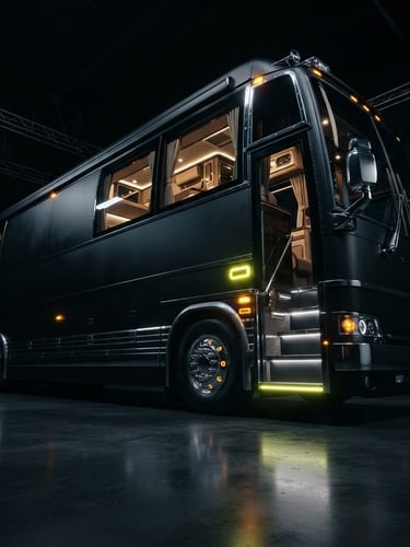 Cinematic low-angle shot of a premium luxury sleeper bus parked in a dark studio, glowing neon-yellow indicators, sharp chrome silver accents, dramatic low-key lighting