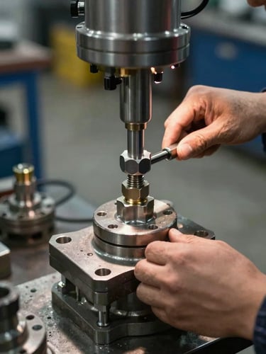 Close-up of technician hands torquing a hydraulic fitting on a sealed manifold block, industrial overhead light casting hard shadows on steel surfaces, shop floor visible blurred in background