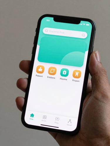 Close-up of an Android phone screen showing a clean app interface with teal and amber UI elements, held in one hand against a neutral studio-lit background, screen detail sharp and legible