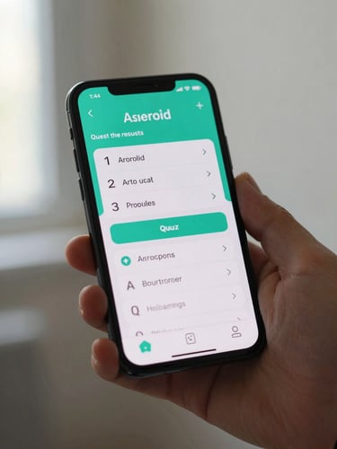 Close-up documentary shot of an Android phone screen showing a detailed quiz results view with teal UI elements, hand holding device at natural angle, soft daylight from left, plain wall behind