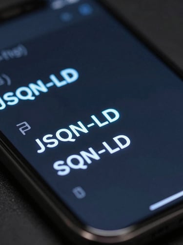 Sleek tech photography of a mobile screen displaying clean glowing JSON-LD schema code, sharp blue and dark gray tones, cool low-key studio lighting, macro depth of field