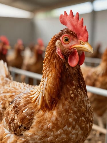 Close-up of healthy poultry in a clean, modern, well-ventilated farm in Guinea, natural bright daylight