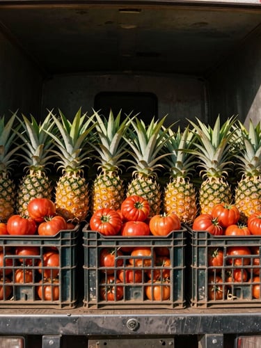 Vue rapprochée de caisses de tomates et d'ananas fraîchement récoltés, chargées à l'arrière d'un camion réfrigéré propre, lumière naturelle du jour à Kindia.