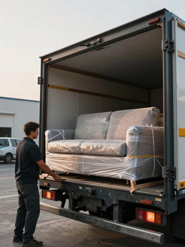 Wide shot of movers loading a wrapped sofa into a truck interior at a Dubai warehouse bay, furniture strapped and padded along the walls, late morning industrial light, no faces visible