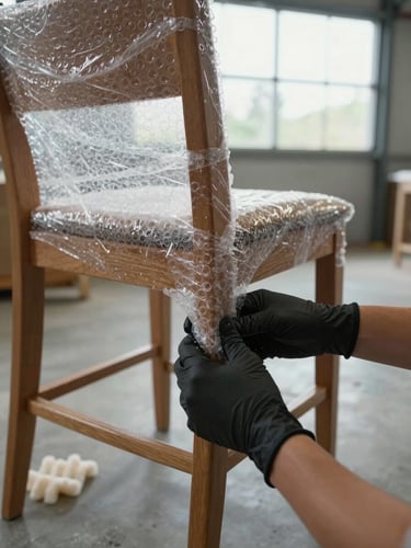 Close-up of gloved hands wrapping the leg of a solid wood dining chair in thick bubble wrap, natural daylight through a warehouse loading bay window, protective foam padding visible on the floor nearby